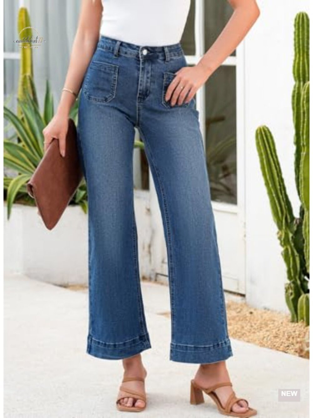 High Waisted Wide Leg Stretchy Denim Jeans with Pockets - Picture 5 of 6